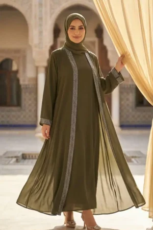 Rose Moon Abaya for Outings & Gatherings – Available in Olive Green and Beige