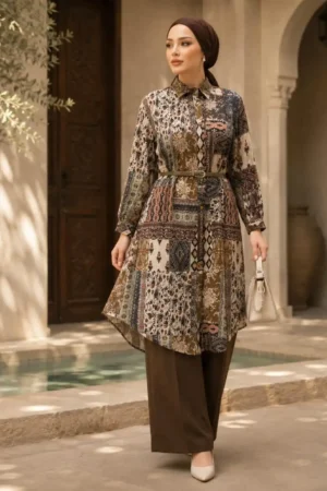 Women's Plain Pants & Patterned Blouse Set